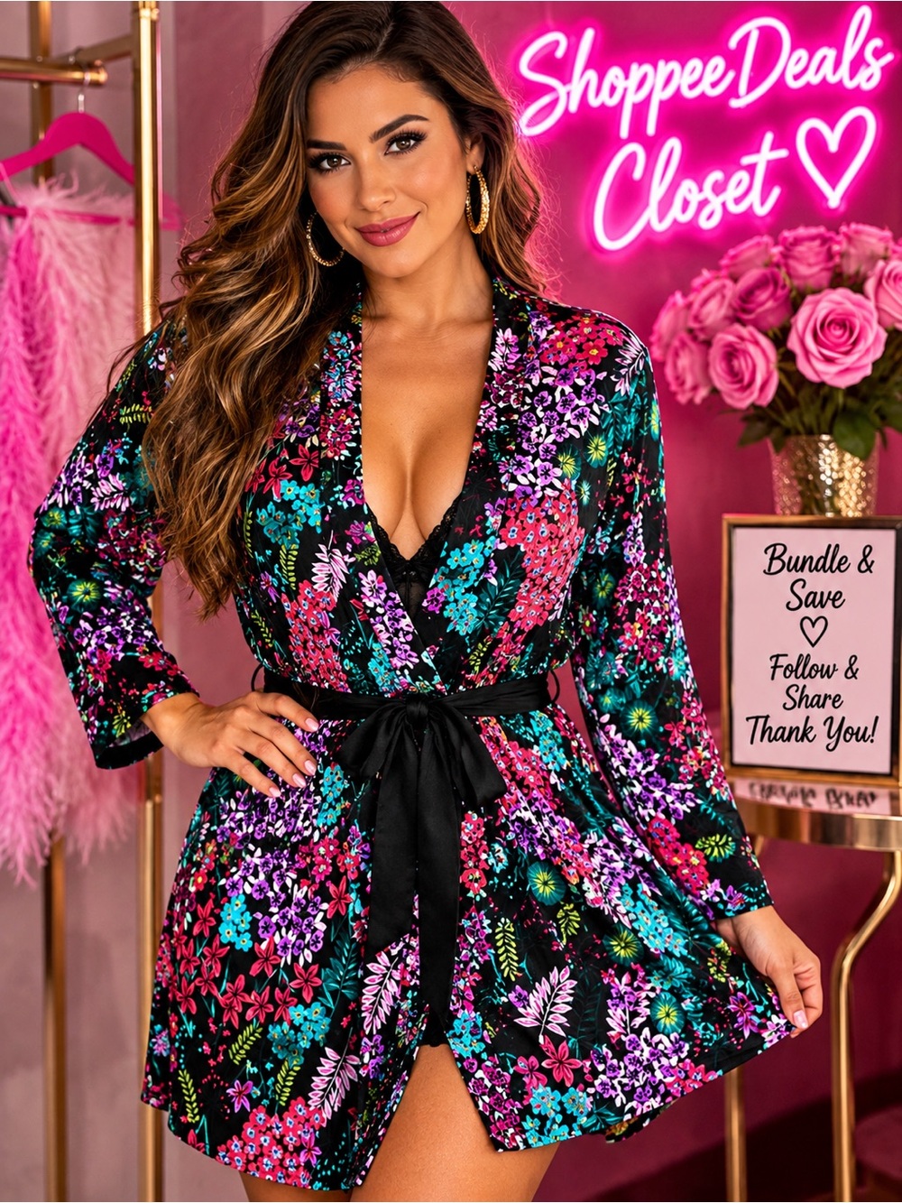 Natori Floral Belted Robe XL Black Multicolor Stretch Lounge Sleepwear